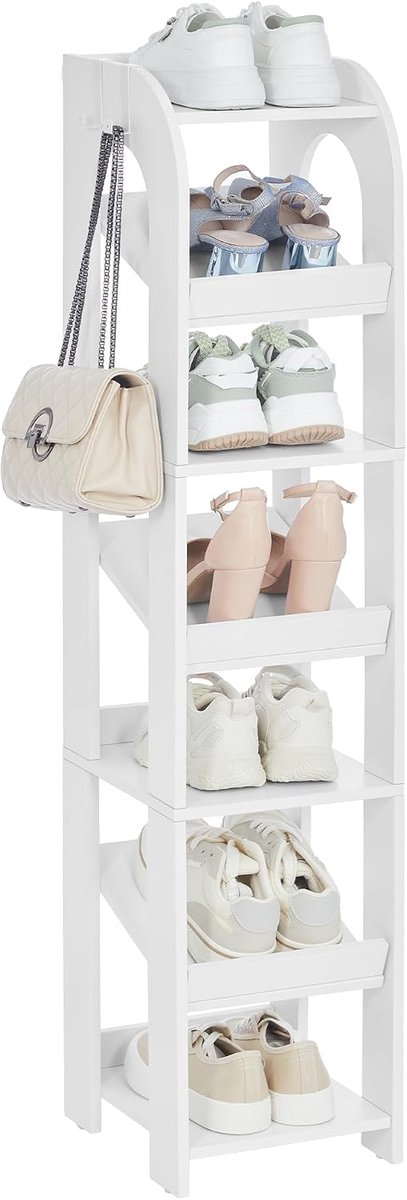 Hzuaneri Verticaal Schoenenrek, 7 Etages, Smal Schoenenrek, Houten Schoenenorganizer Voor Kast, Ingang, Schoentoren Voor Kleine Ruimtes, Vrijstaand, Verstelbaar, Met Haken, Wit