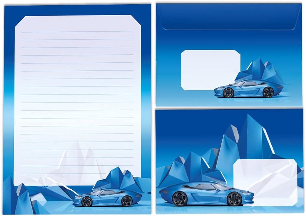 Stationery set A5 - kinderbriefpapier met enveloppen - raceauto motief - creatief schrijven - ShopVlot
