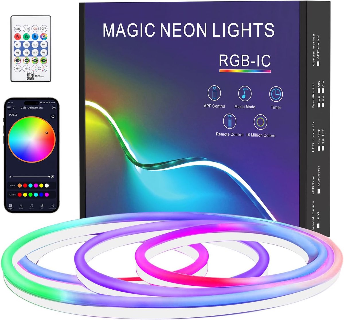 Neon LED Strip 1m - IP67 waterdichte silicone LED tape - Afstandsbediening en app control - ShopVlot