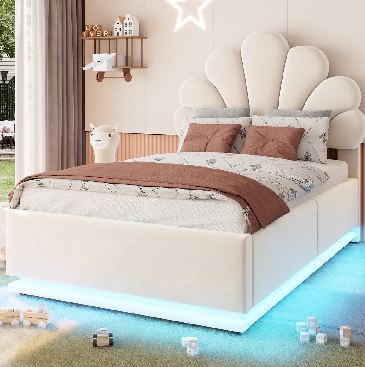 OKWISH Gestoffeerd Bed 90x200 cm - Bloemvormig Hoofdbord - Met LED-Verlichting en Hydraulische Opbergruimte - Zonder Matras - Beige