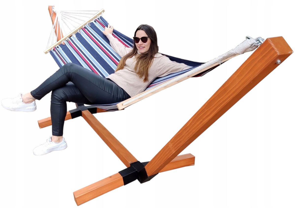 Houten 2-persoons hangmat 300kg standaard met groen/blauwe hangmat