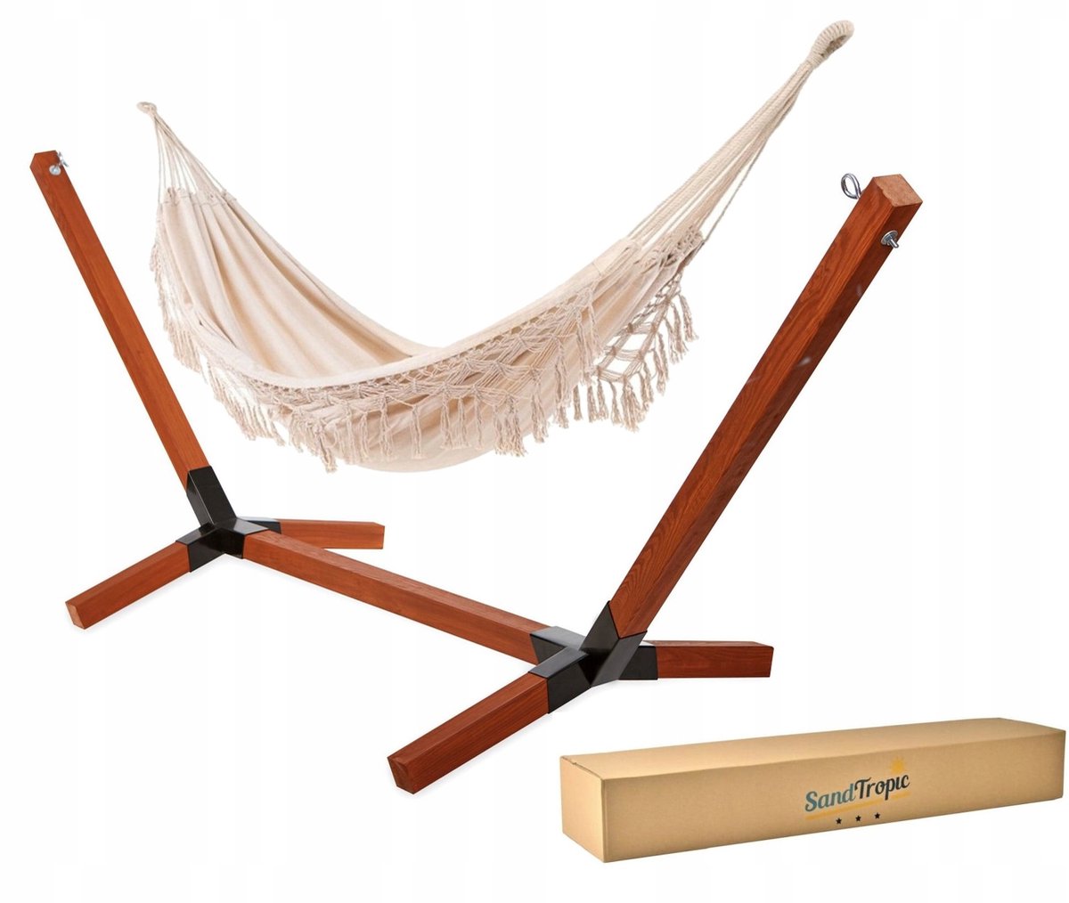 Merkloze Houten Hangmat Standaard Set met 2-persoons Boho Hangmat