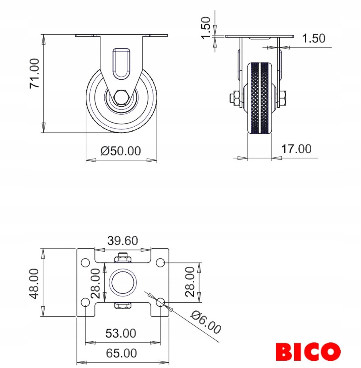 Zwenkwiel G 50 mm met vaste behuizing - TPR, 30 kg belasting