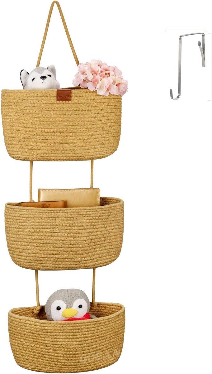 Hangende Opbergmanden 3 Laags - Jute - Afneembare Decoratieve Wandmanden - Ruimtebesparend voor Woonkamer - SnelShoppen