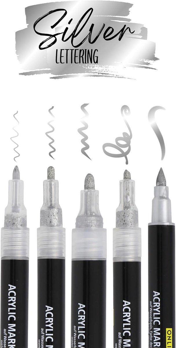 Acrylpennen set van 5 - Zilver - Brush pen en fineliner - Perfect voor handlettering en creatief ontwerpen - SnelShoppen