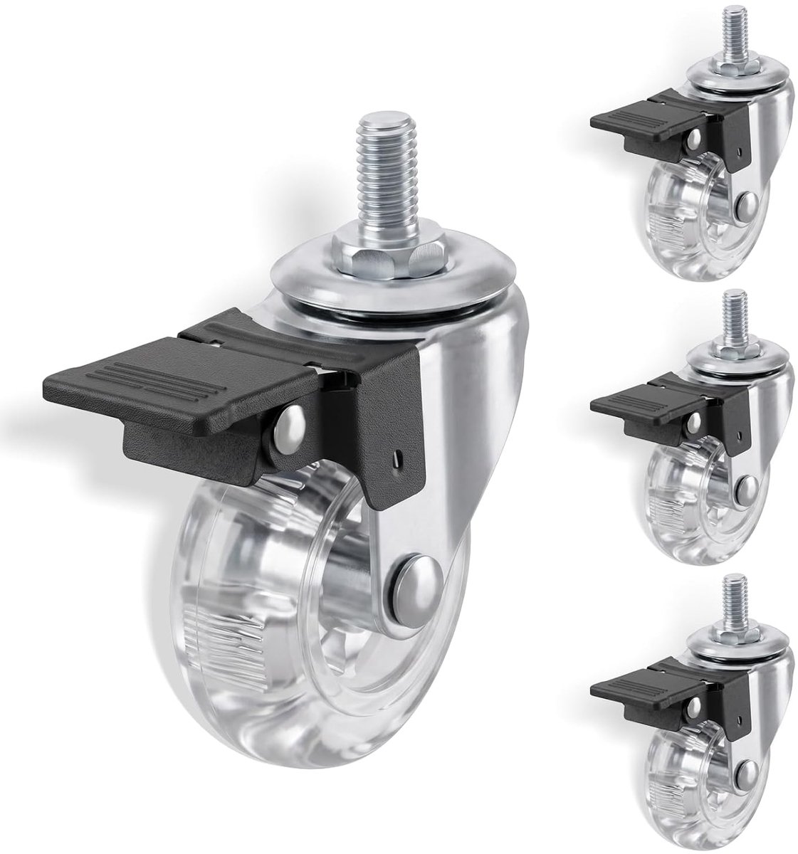 4 stuks transparante meubelwielen met rem, M8 × 15 mm | Zachte polyurethaan zwenkwielen wielen winkelmandwielen voor transportwagen, meubels en doe-het-zelfprojecten