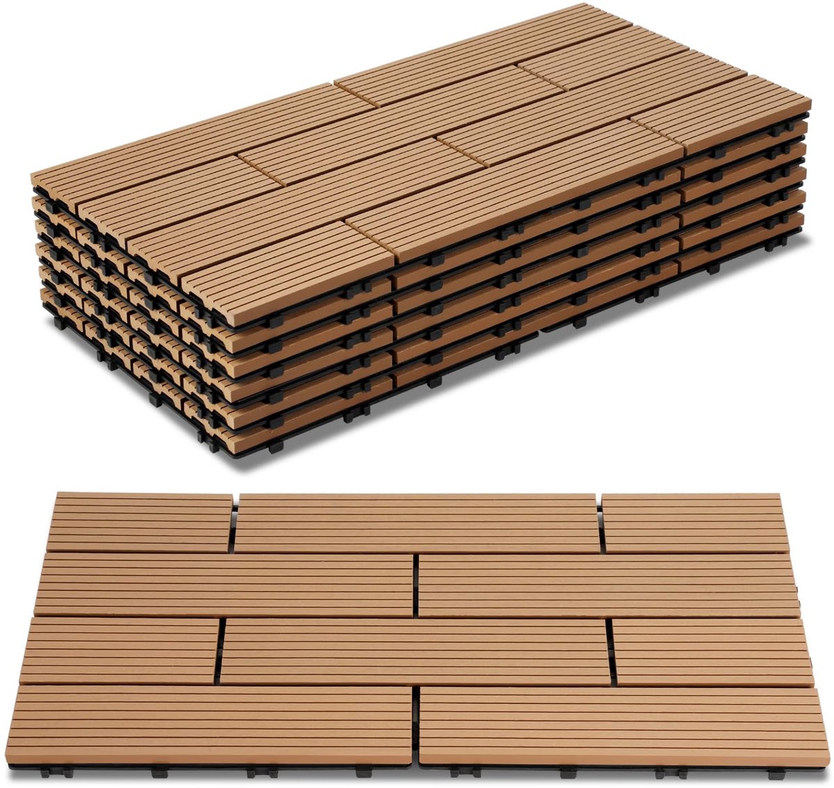 Terrastegels 30x60cm, kliksysteem, 24 stuks / 4m² teak | WPC-tegels, balkontegels, weerbestendige platen met drainagefunctie, gemakkelijk te leggen, terras, balkon, tuin