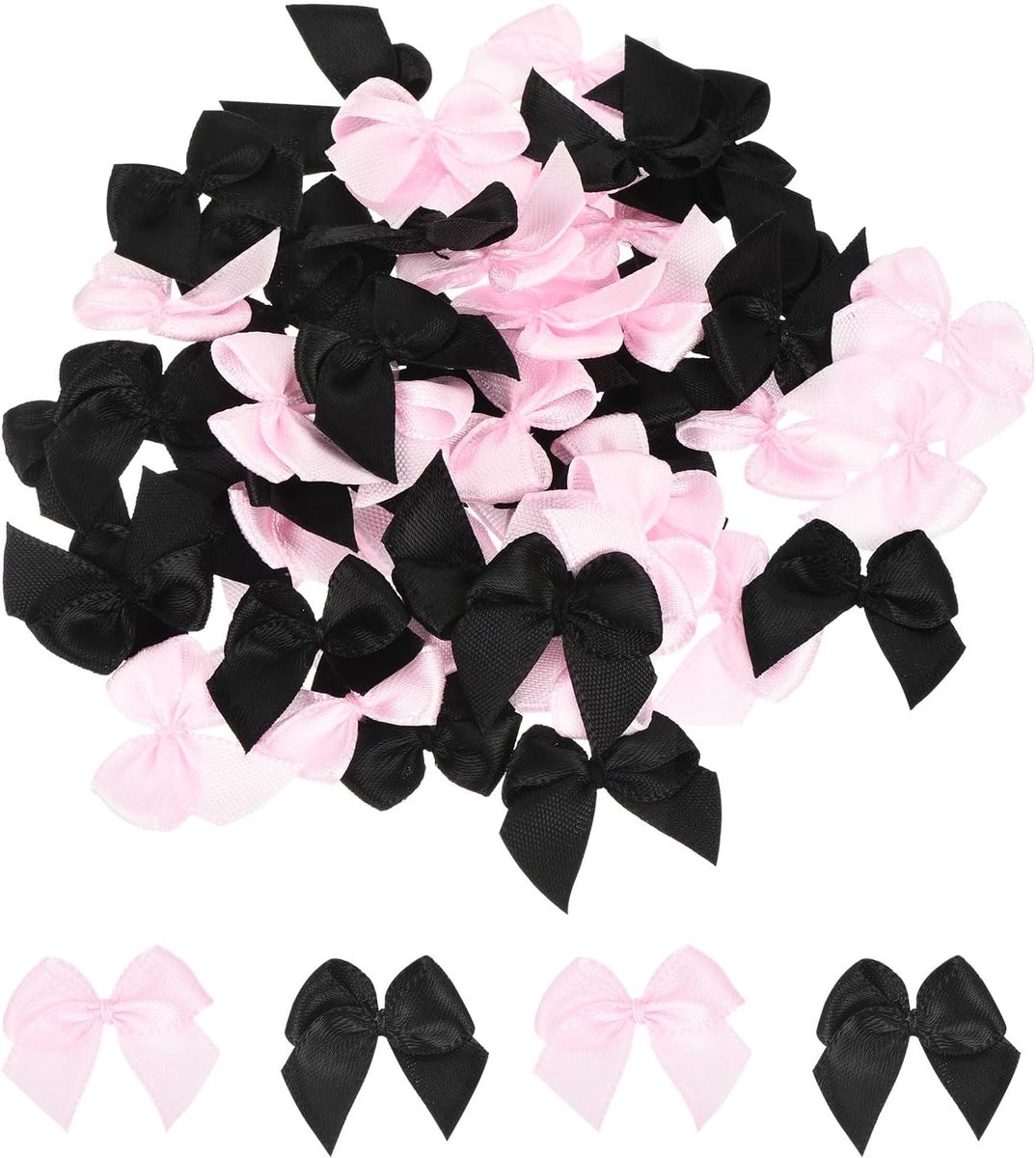 50 stuks mini-linten van satijnen lint, 2,5 cm, mini-bloemen van satijnen lint voor handwerk, knutselen, naaien, bruiloft, verjaardag, feest, zwart en roze, 50 stuks