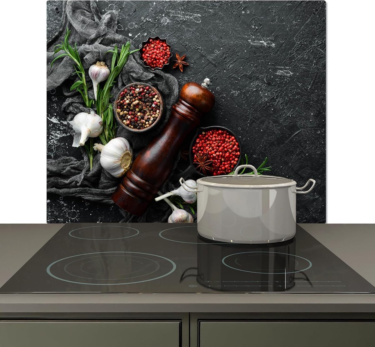 Spatscherm Keuken 52x60 cm Kookplaat Achterwand Beschermer Muur Spatwand Fornuis Aluminium Hittebestendig - Kruiden - Peper - Knoflook - Beton | 60 x 52 cm - wandbekleding, fornuisafdekplaten kruiden - paprika - knoflook - beton