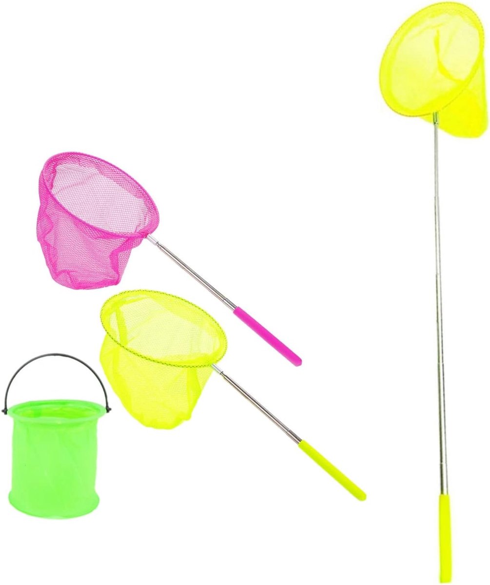2x Klein visnet en emmerset voor kinderen, lang handvat uitschuifbaar kindervisnet met telescopische handgreep voor vijver en rotspoel, insecten-/vlindervangnet voor kinderen