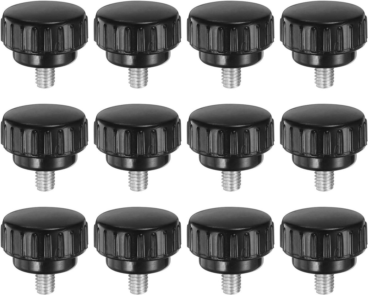 12 stuks kartelknevels, M6 x 8 mm, metrisch verzinkt koolstofstaal, mannelijke schroefdraad, kartelschroeven, opzettype 25 mm, kunststof ronde kop, schroefdraadbouten, handgreep, zwart