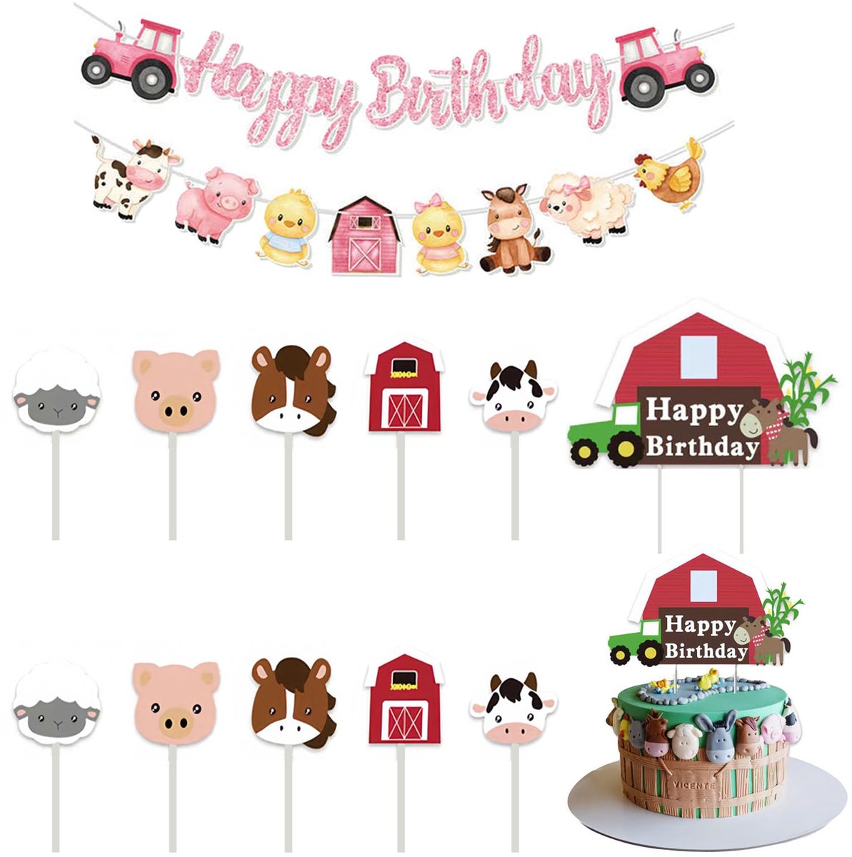 Boerderijdier Happy Birthday Banner - 13-delige set - Vrolijke decoratie - Perfect voor verjaardagspartijen - SnelShoppen