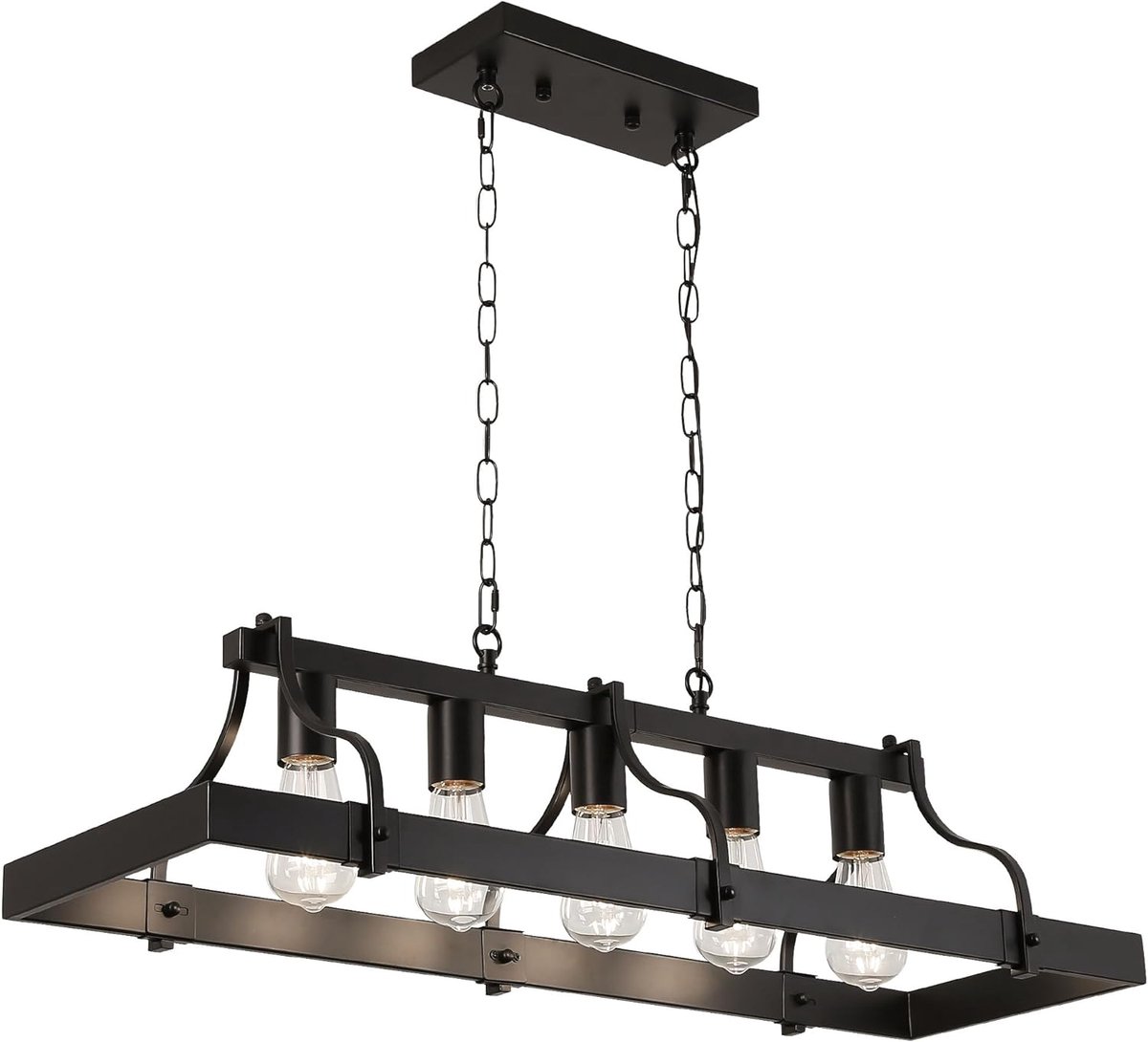 Kroonluchter met 5 lichten van metaal, E27-fitting, lineaire houten hanglamp, voor landelijke boerderijkeuken, keukenverlichting, zwart