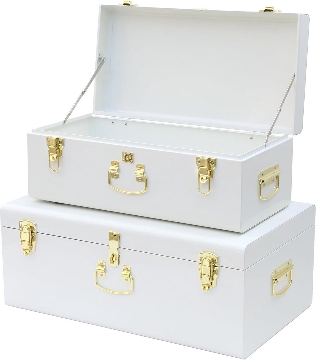 Set van 2 metalen opbergkoffer met afsluitbaar deksel en handgrepen, zware opbergkist voor slaapkamer, woonkamer, beddengoed, dekens en speelgoed, wit