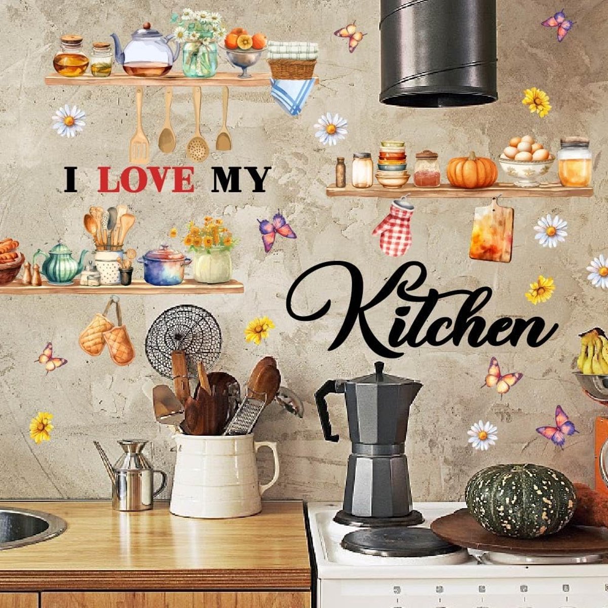 Muurstickers Keukengerei en Ingrediënten Muurstickers Thuis Aquarel Vinyl Decor Ingrediënten Decals voor Keuken Eetkamer Koelkast Decor