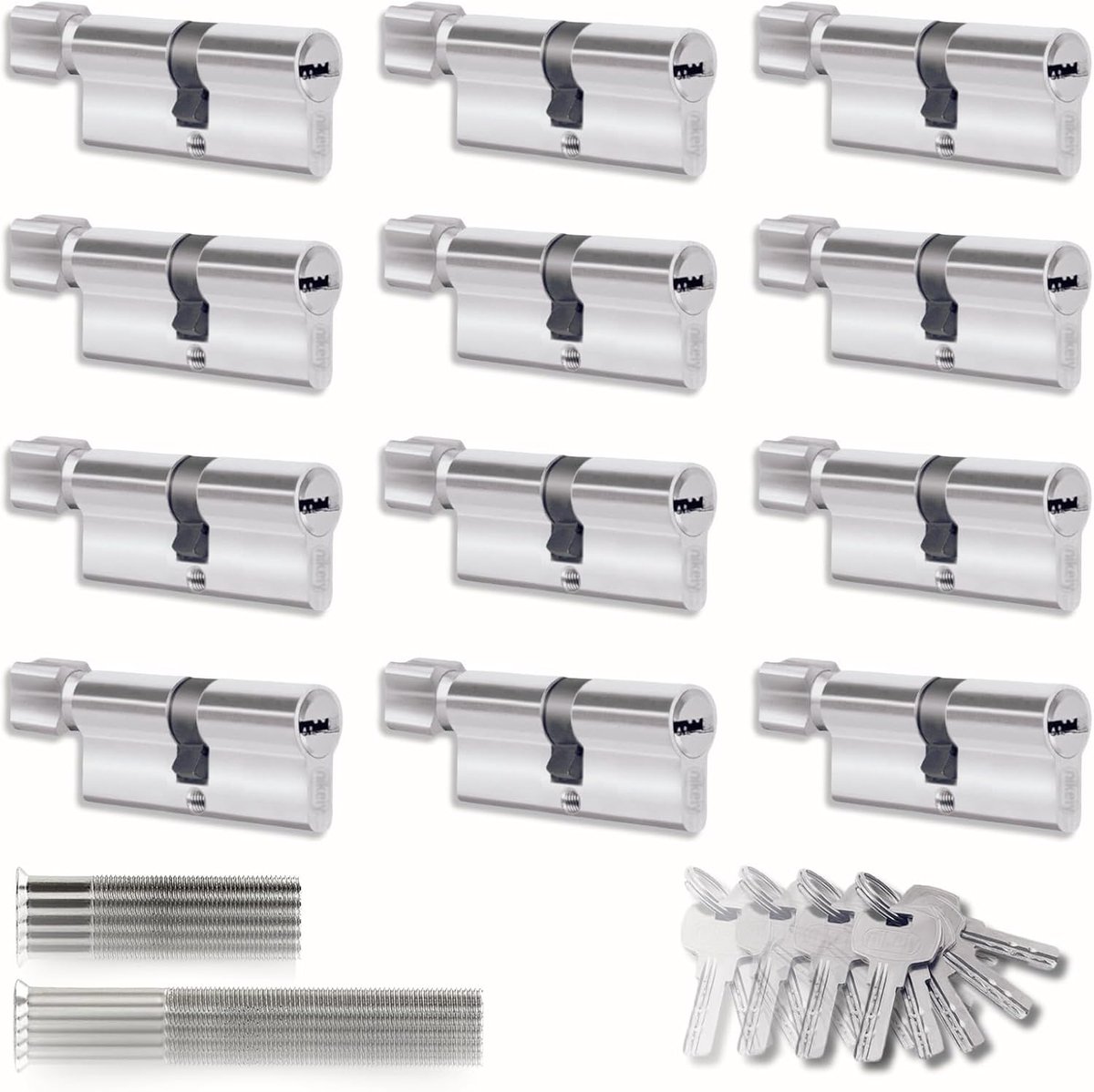 Set van 12 cilinders voor sloten 35/35 mm, cilinder met knop, schroeven en sleutels inbegrepen, eenvoudig te monteren, slot voor deuren en garages, lekvrij, uniforme sleutel, lengte 70 mm