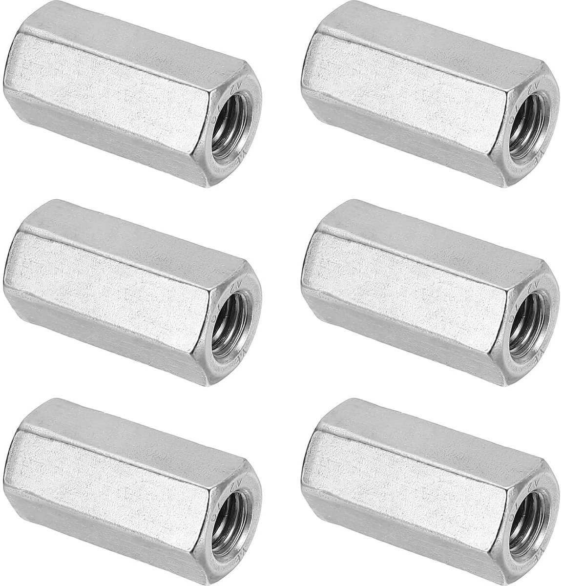 M10 x 1,5-pitch zeskantmoer lang roestvrij staal 304, 6 stuks, 35 mm L lange staafmoeren, volledige aansluiting voor schroefdraadstang, zilverkleurig