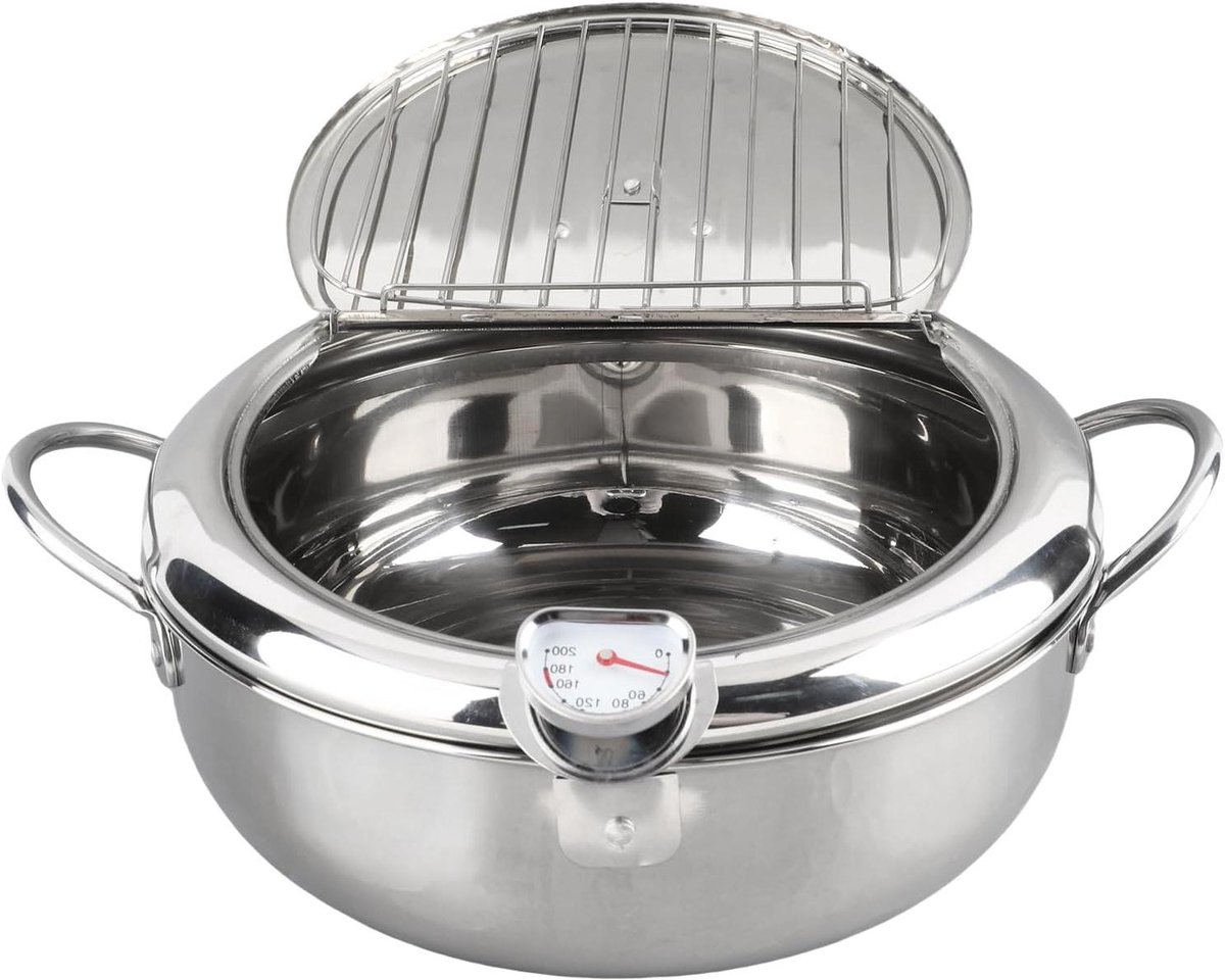 Mini Friteuse - Koekenpan - Frituren Thuis - Met Thermometer - 3.2 Liter - Verzilverd