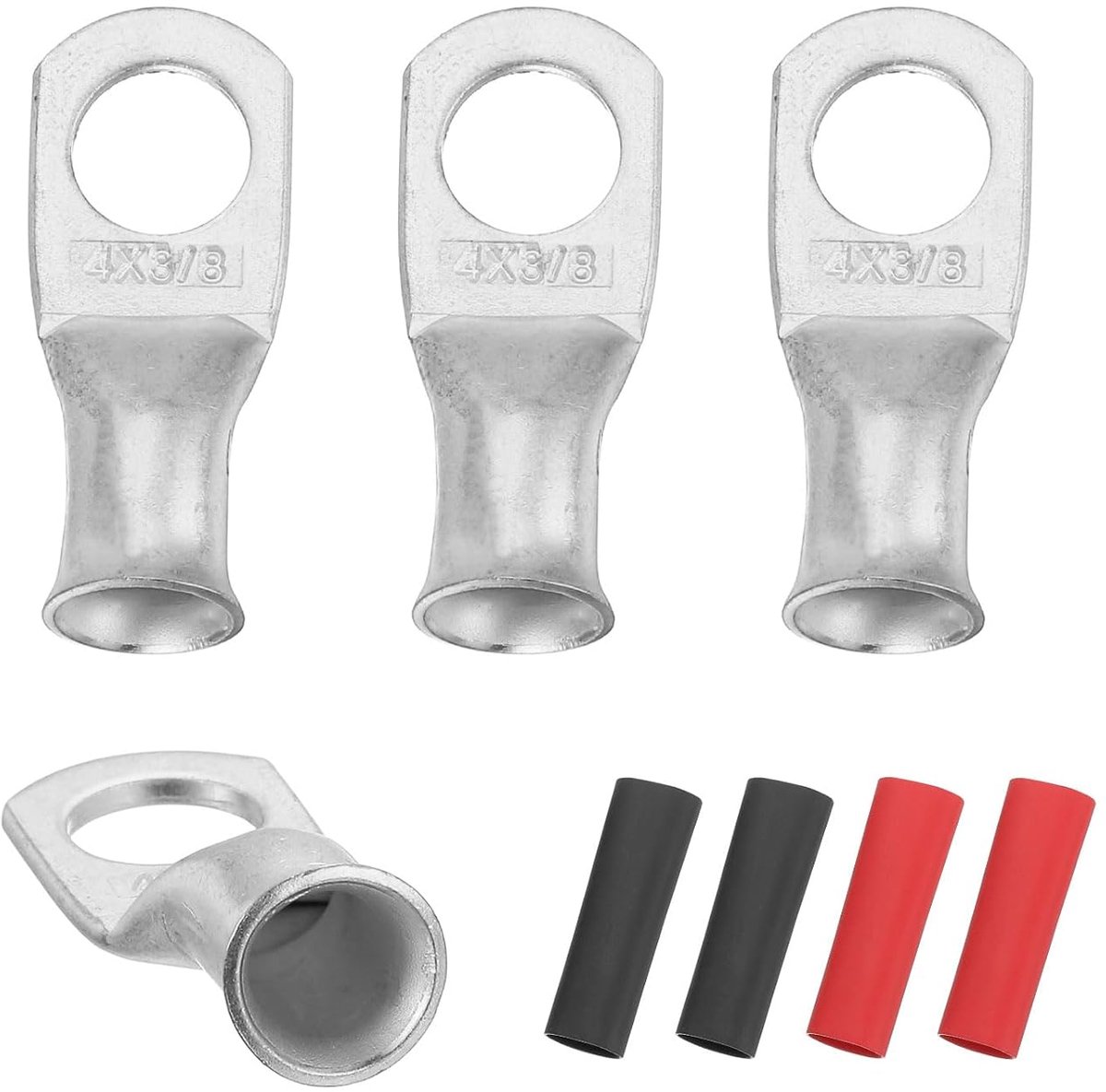 4 stuks 4 AWG M10 batterijkabelschoen, 3/8 inch 10 mm om vast te draaien van koper, krimpommanteling 3:1, zilverkleurig