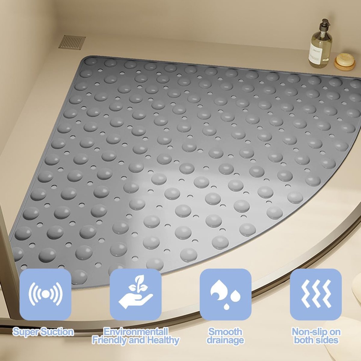 Douchemat 65 x 65 cm - PVC Kwadrant Hoekvorm - Antislip met Zuignappen - Veiligheid voor Senioren - SnelShoppen