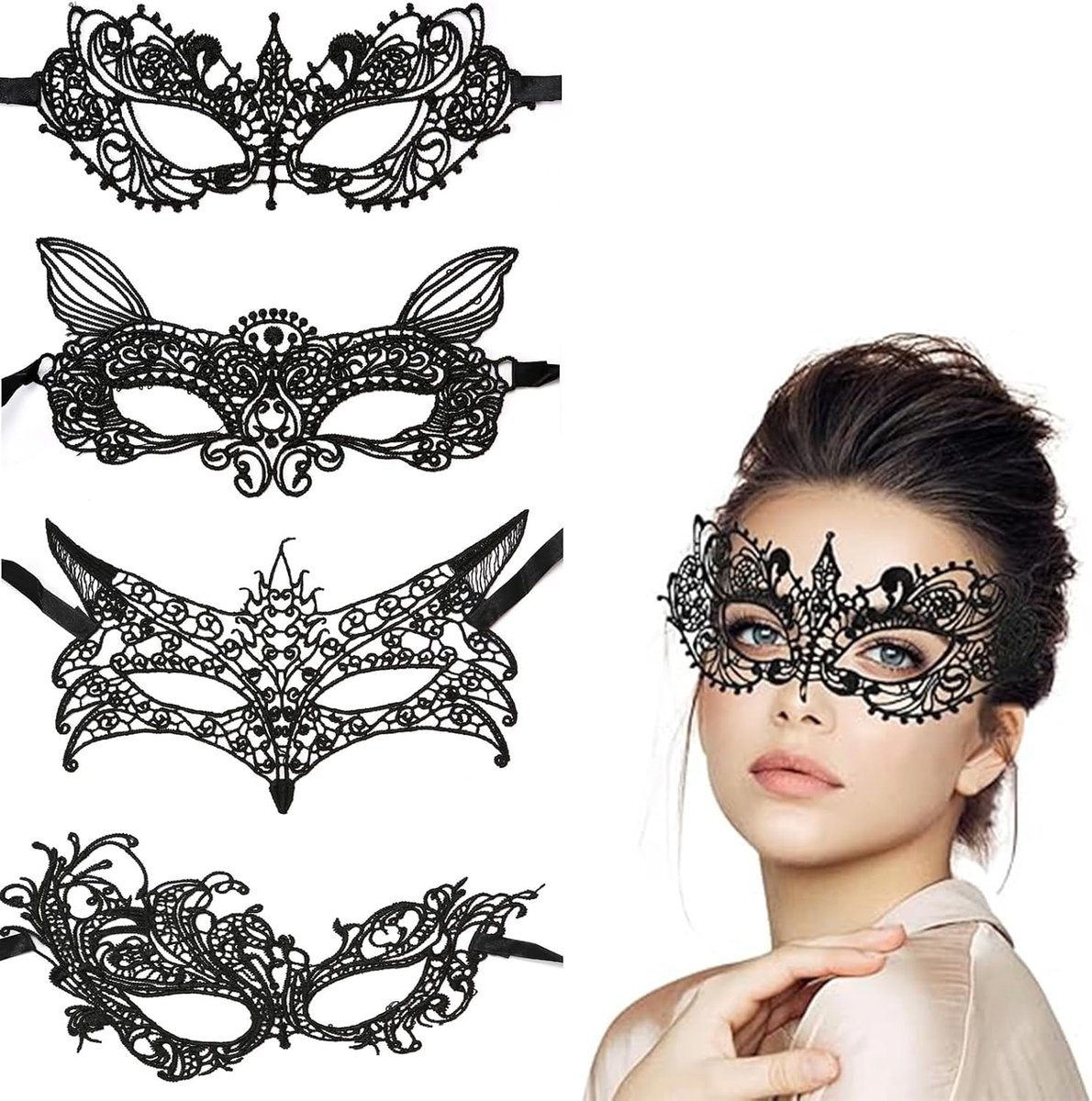 Kanten masker 4 stuks - zwart - sexy voor dames - perfect voor kostuumfeest - SnelShoppen