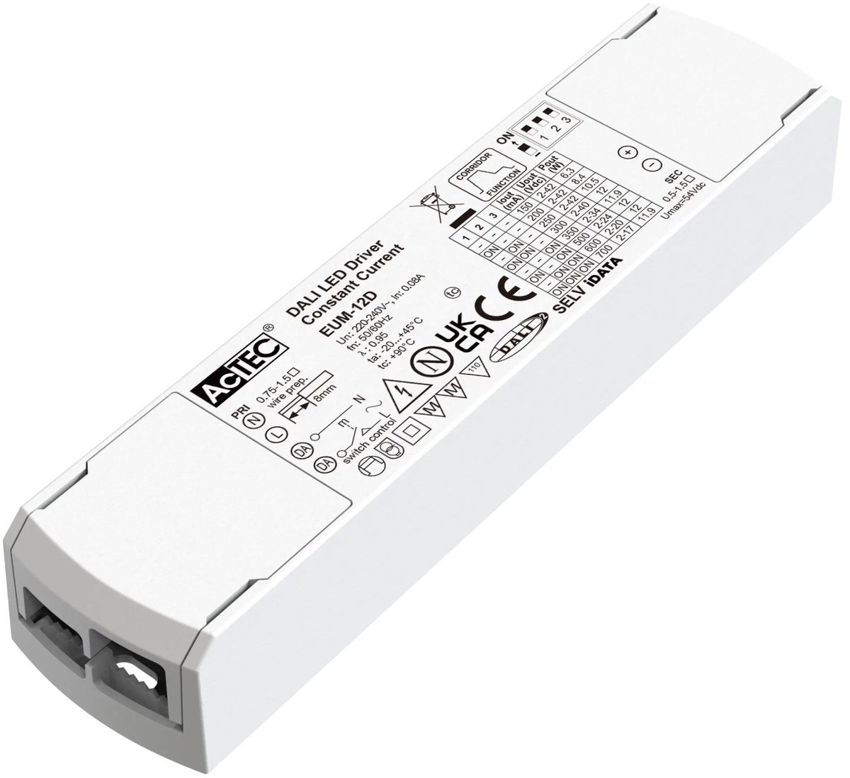 MIM-12D LED-driver, DALI dimbaar, 12,6W, instelbare uitgangsstroom 100-700mA