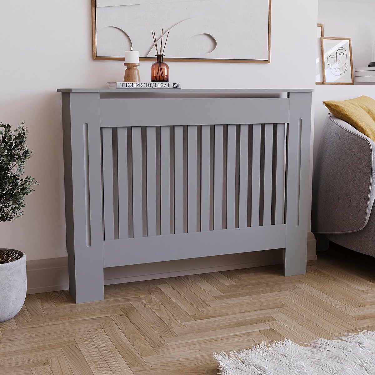 Radiatorombouw medium - olijfgrijs MDF - modern slat design - optimale warmtecirculatie - ShopVlot