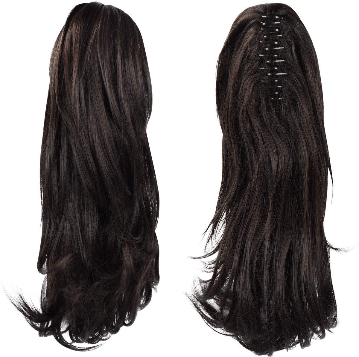 Paardenstaartverlenging met clip - Donkerbruin naar zwart, 35 cm