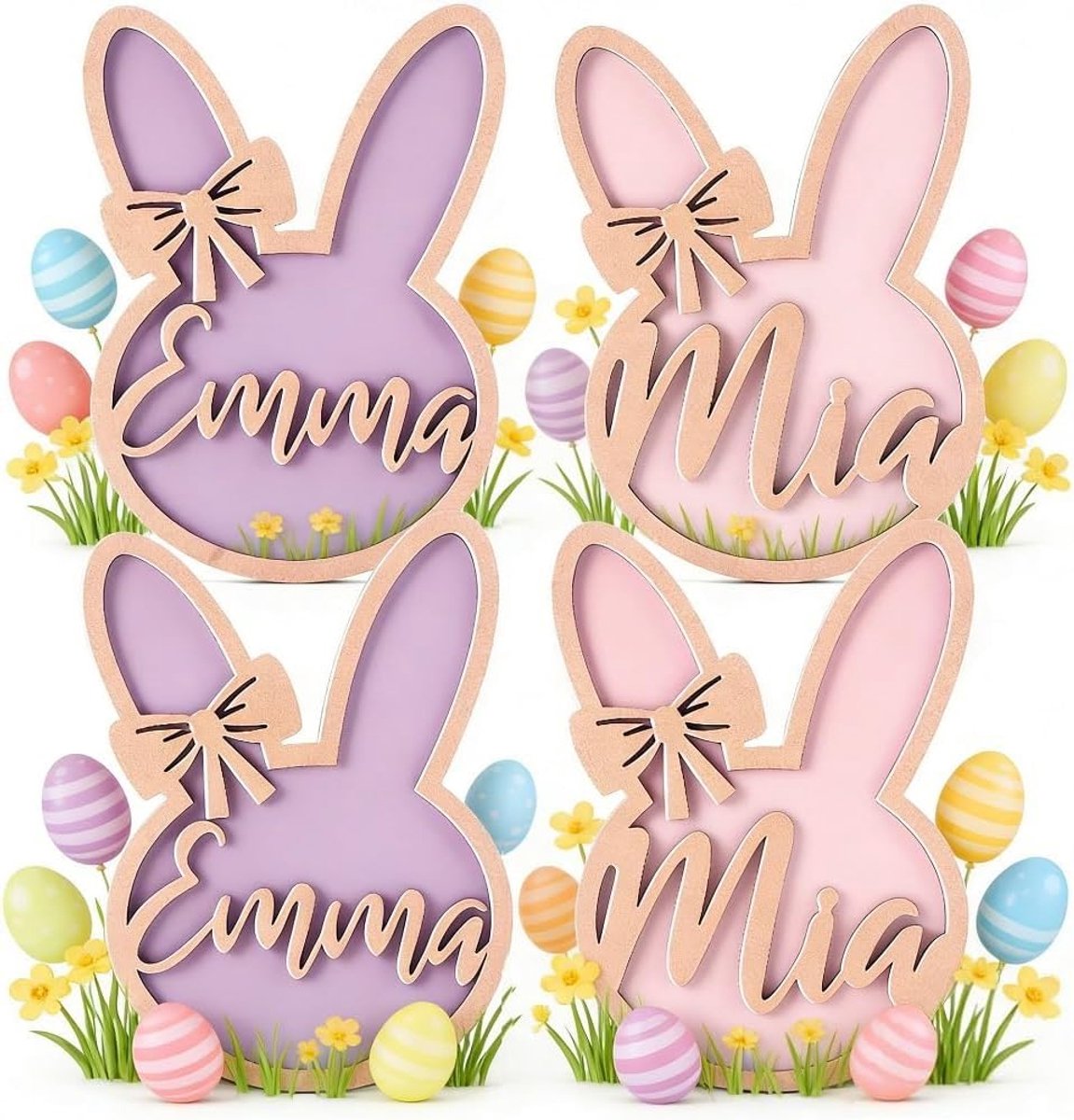 Houten Paashaas Decoratie Set - 4 Stuks - Roze Vlinders - Perfect voor Tafeldecoratie - ShopVlot