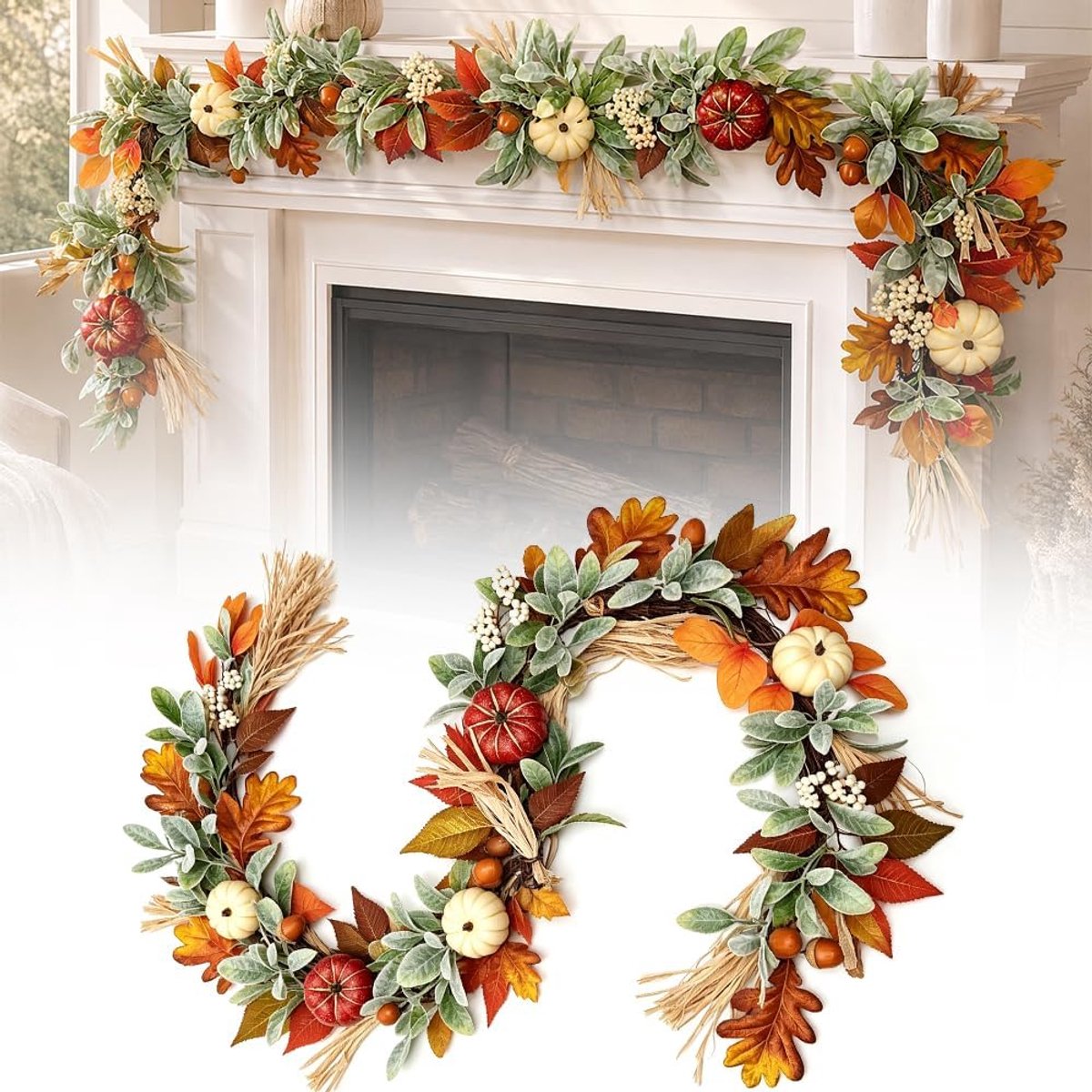 Herfstslinger 150 cm - Kunstpompoen en bessen - Realistische decoratie - Perfect voor woonkamer - ShopVlot
