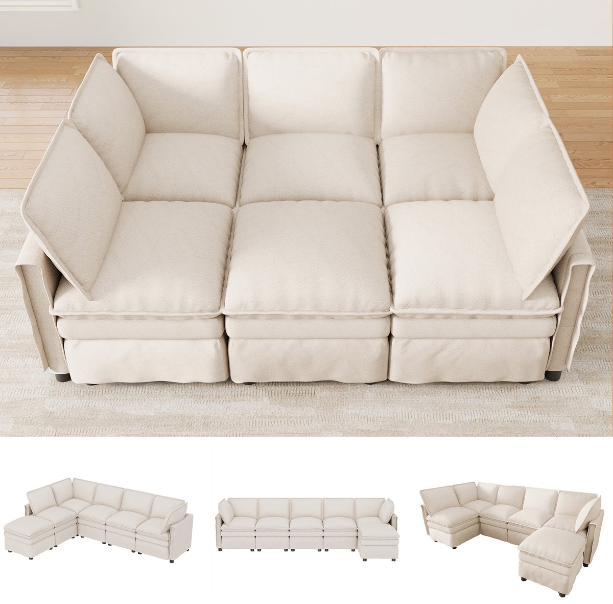 Woonkamer Hoekbank, L-Bank, 5-Zitsbank, XXL Modulaire Bank Met Slaapfunctie, Vrij Combineerbaar In Een U- Of L-Vorm, Met Verplaatsbare Poef, Dubbele Zitkussens, Modern Biesdesign, Chenille Bank Voor Woonkamer En Kantoor-Beige