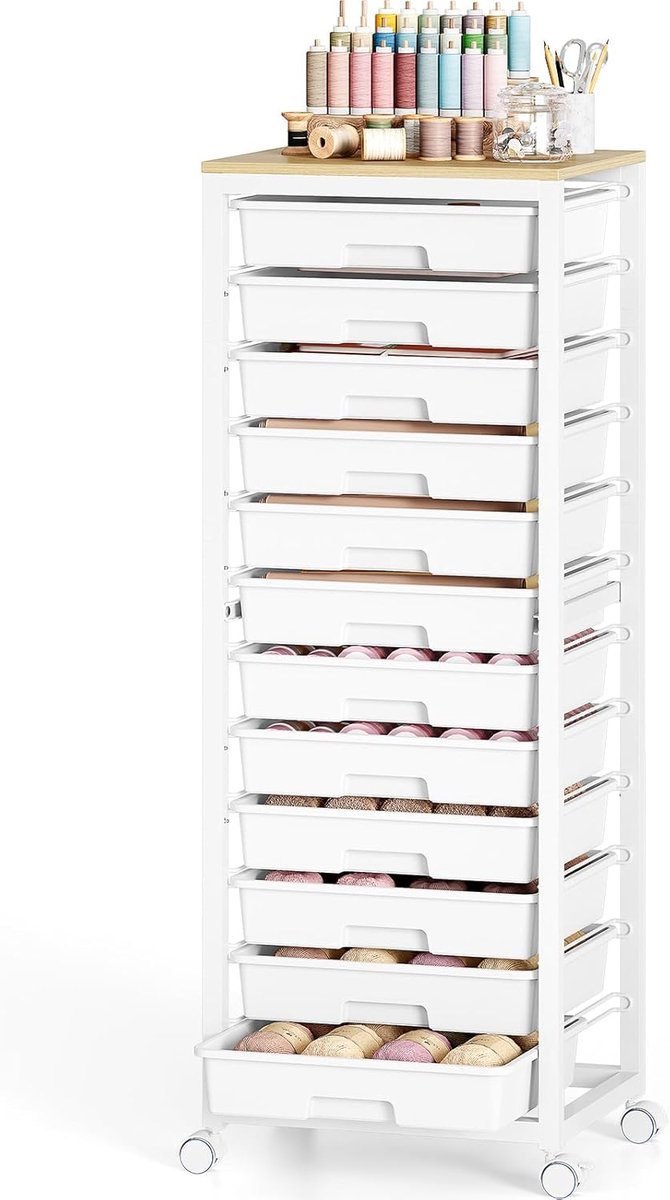 Mobiel Trolley met 12 Laden - Wit - Ruime Opbergmogelijkheden - Ideaal voor Huis en Kantoor - ShopVlot