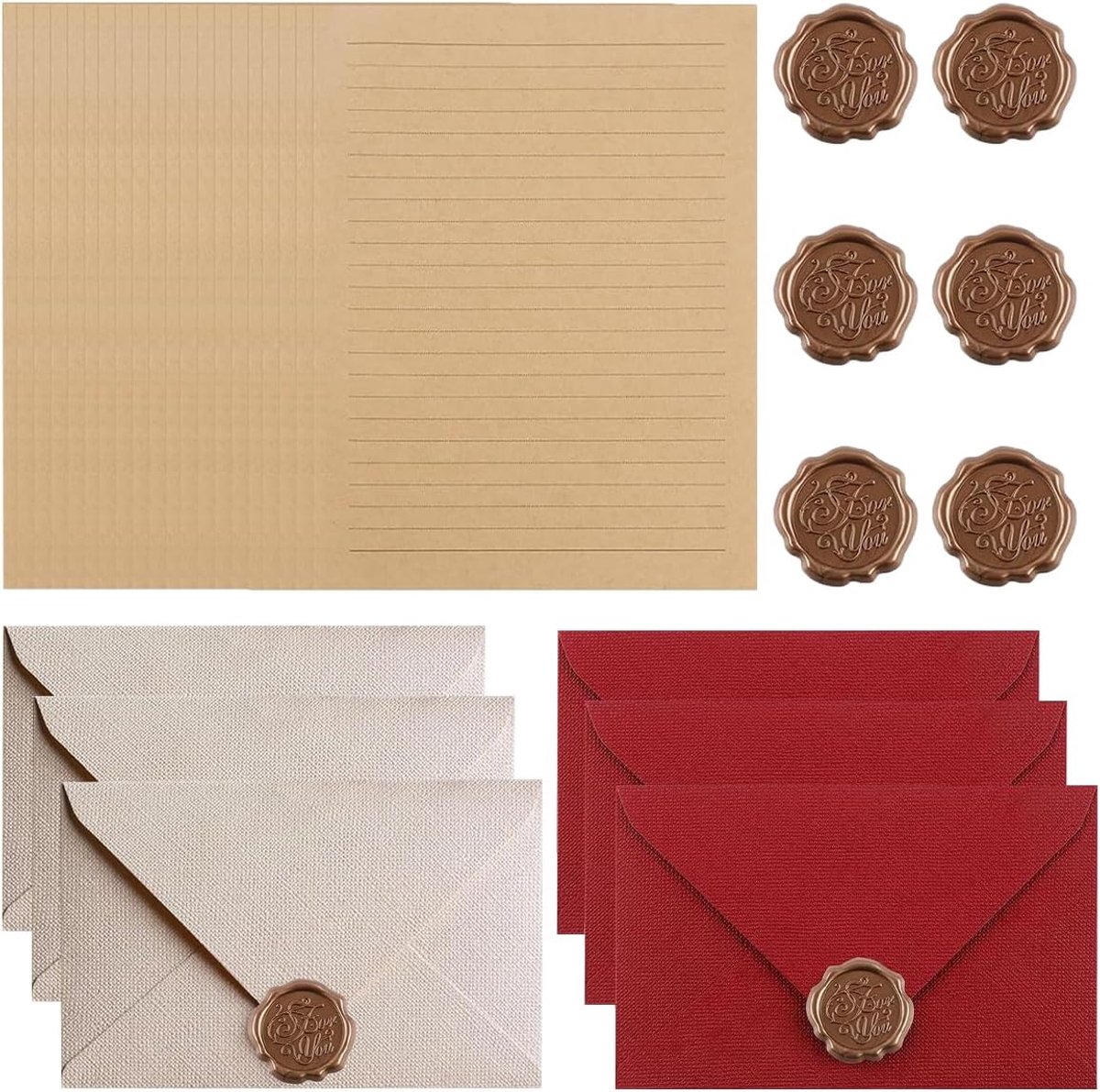 Vintage briefpapier set 20 vellen - 6 vintage enveloppen - inclusief waszegels - perfect voor bruiloft en uitnodigingen - ShopVlot