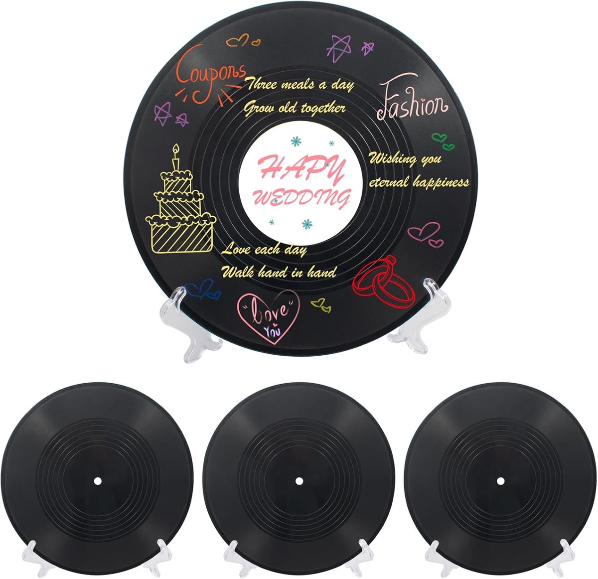 Gastenboek set van 4 vinyl platen 30 cm - retro stijl - inclusief stickers en kleurpotloden - voor unieke feesten - ShopVlot