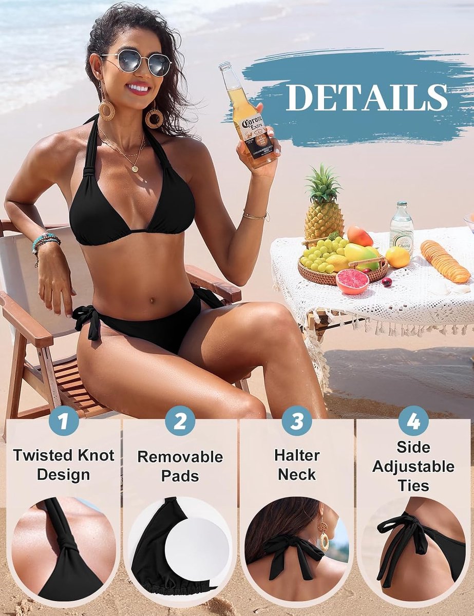 Tweedelig badpak voor dames, met curve, Braziliaanse bikiniset, gevoerd, beha houder, lage taille, verstelbaar, met trekkoord aan de zijkant voor strand en zwembad