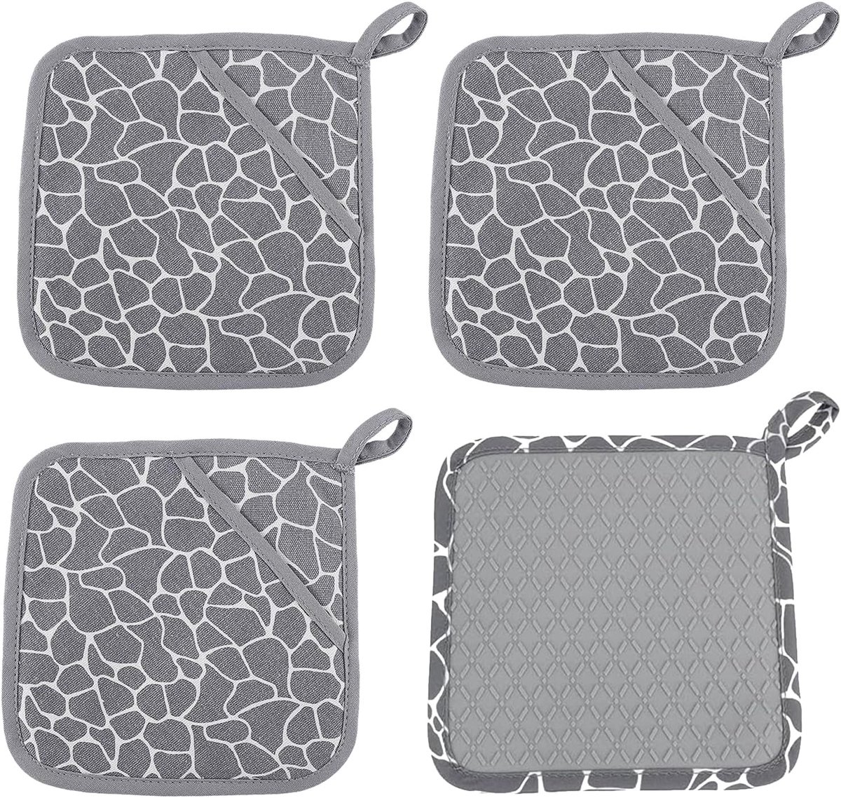 Set van 2 stuks, grijs, siliconen, hittebestendig, antislip, pannenlappen met zak voor hittebescherming op tafelbladen en handen