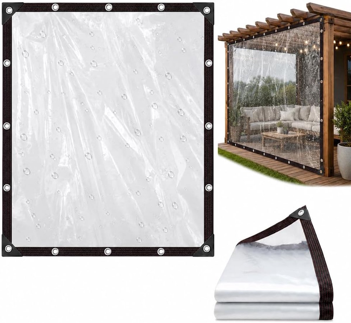 transparant, 2 x 1 m, met ingestanste ringen, waterdicht, transparant, met ingestanste ringen, regenbescherming, windbescherming, uv-bescherming, dekzeil voor terras, tuin, zwembad, dierenhok