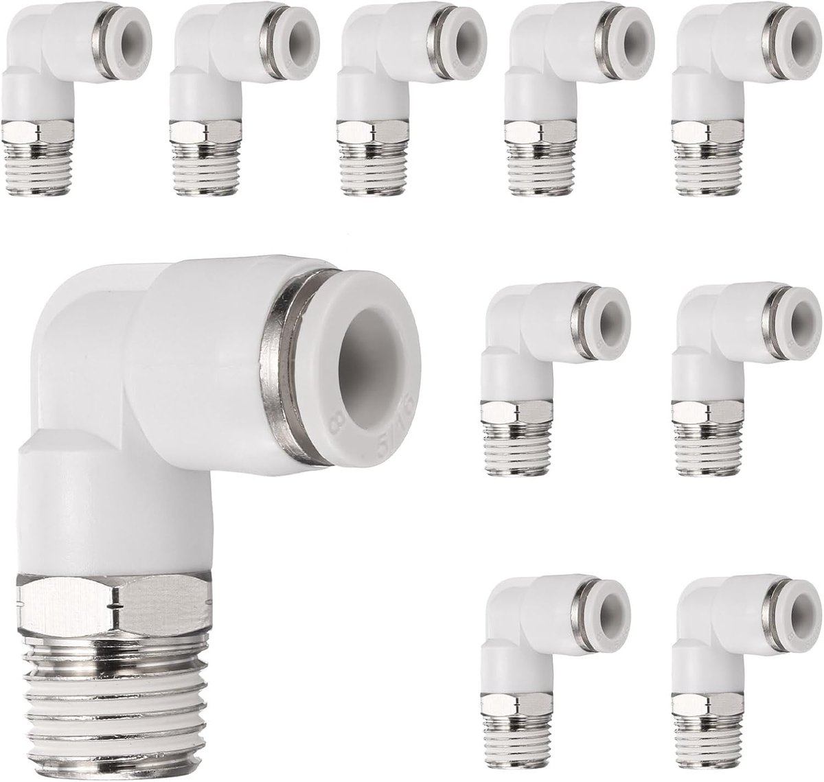 10 stuks connectoren mannelijk hoekstuk 5/16 inch buis OD x 1/4 inch NPT-schroefdraad snelkoppeling luchtslangconnector van kunststof pneumatische verbindingsset duwstok Pl5/16-N02, wit