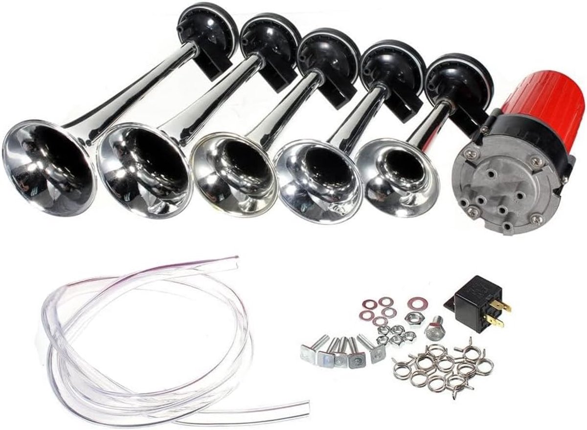 5 stks 12V 125dB Dixie Muzikaal Geluid Luchthoorn Kit 5 Krachtige Super Luid Trompet met Compressor voor Elke 12V Voertuig Auto Truck Boten (Zilver)