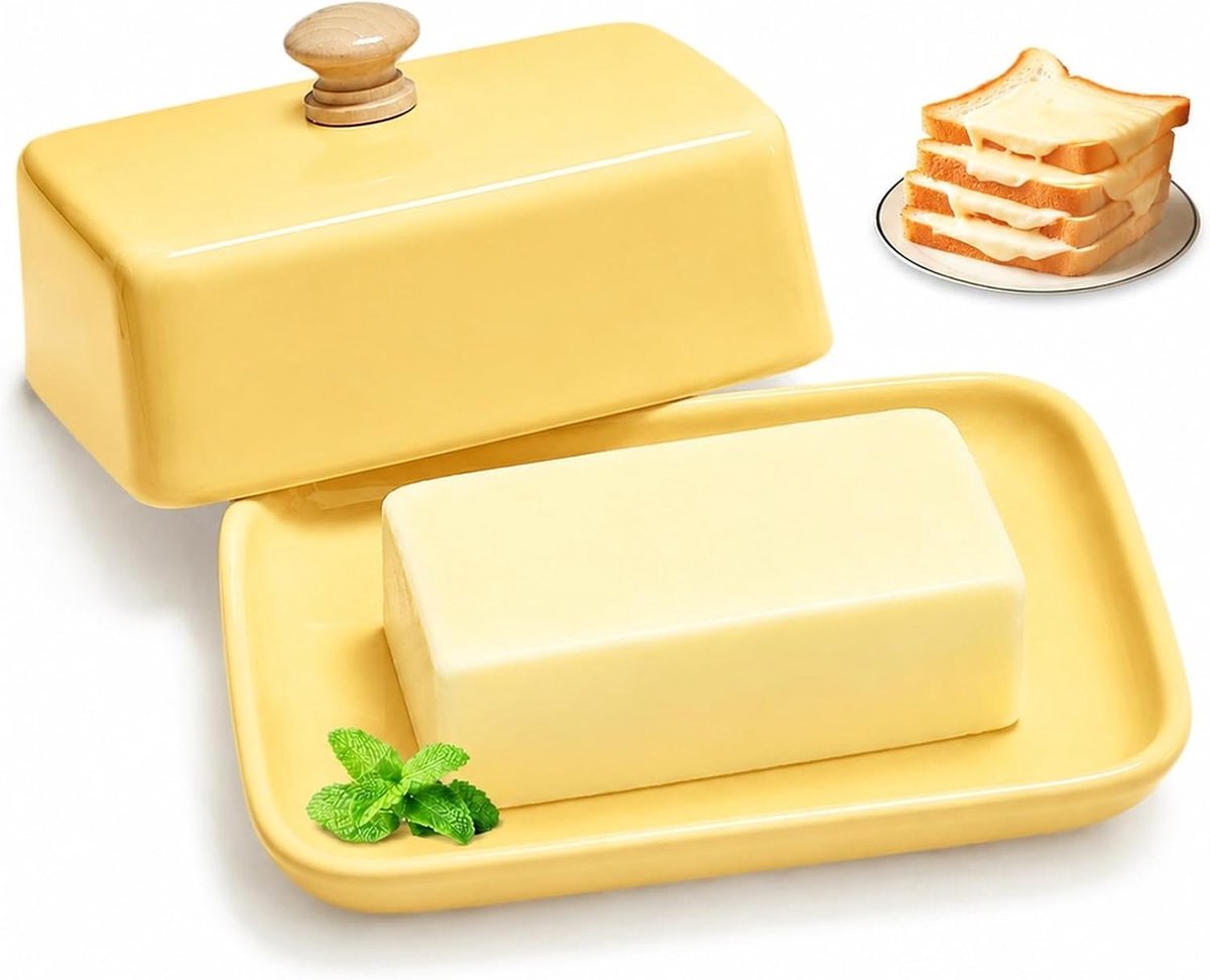 botervloot met deksel, 250 g, hooggebrande botervloot, porselein, stofbescherming en aromabescherming, botervloot, keramiek, geel, geschikt voor vaatwasser, magnetron en oven