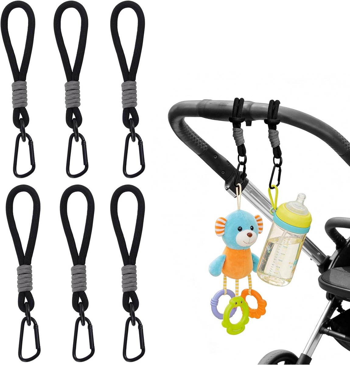 Kinderwagen clips, 6 stuks legering karabijnhaken voor kinderwagen accessoires kinderwagen haken voor luiertassen boodschappentassen (zwart)
