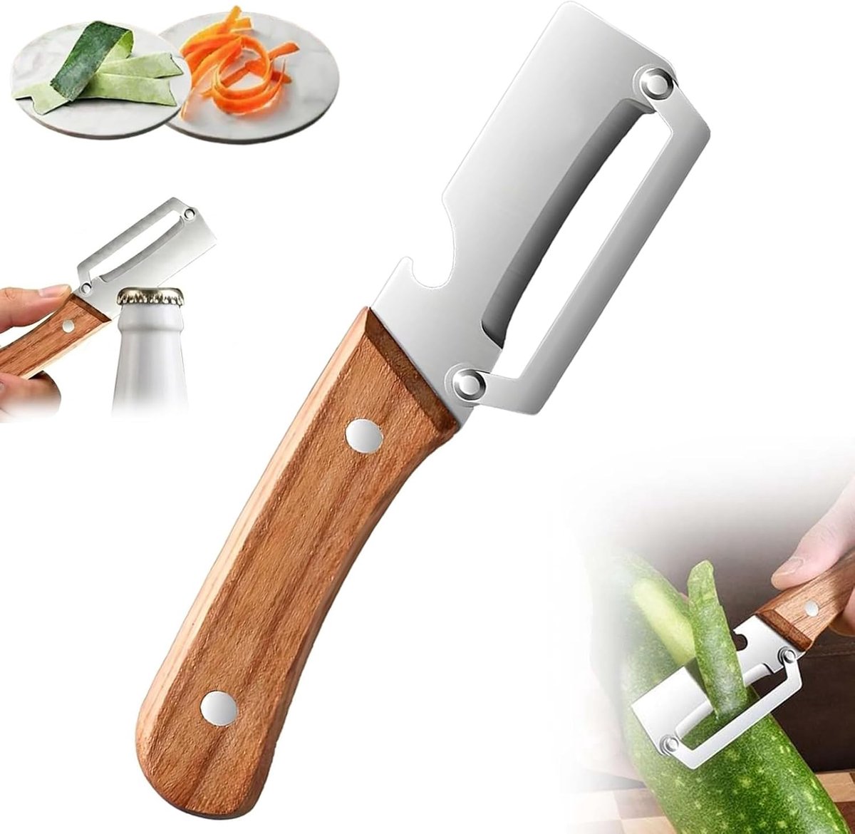 groenteschiller voor de keuken, dunschiller roestvrij staal met houten handvat, fruit- en aardappelschiller, incl. flesopener, ergonomisch ontwerp (1 stuks)