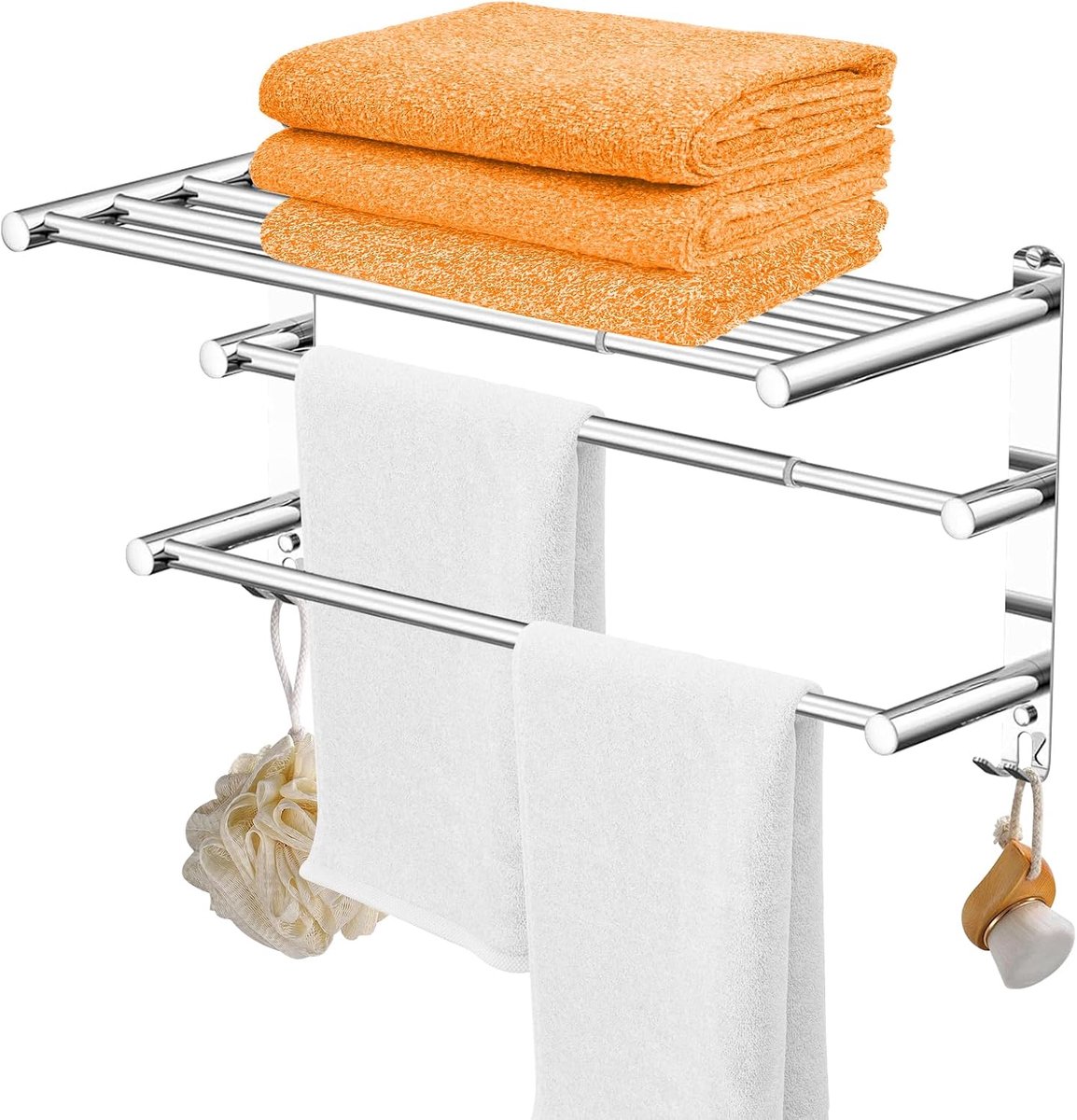 Handdoekhouder, uittrekbaar, 43-78 cm, wandhanddoekstangen, roestvrij staal, met haken, handdoekhouder, chroom, voor thuis, hotel, badkamer, keuken (3-laags)