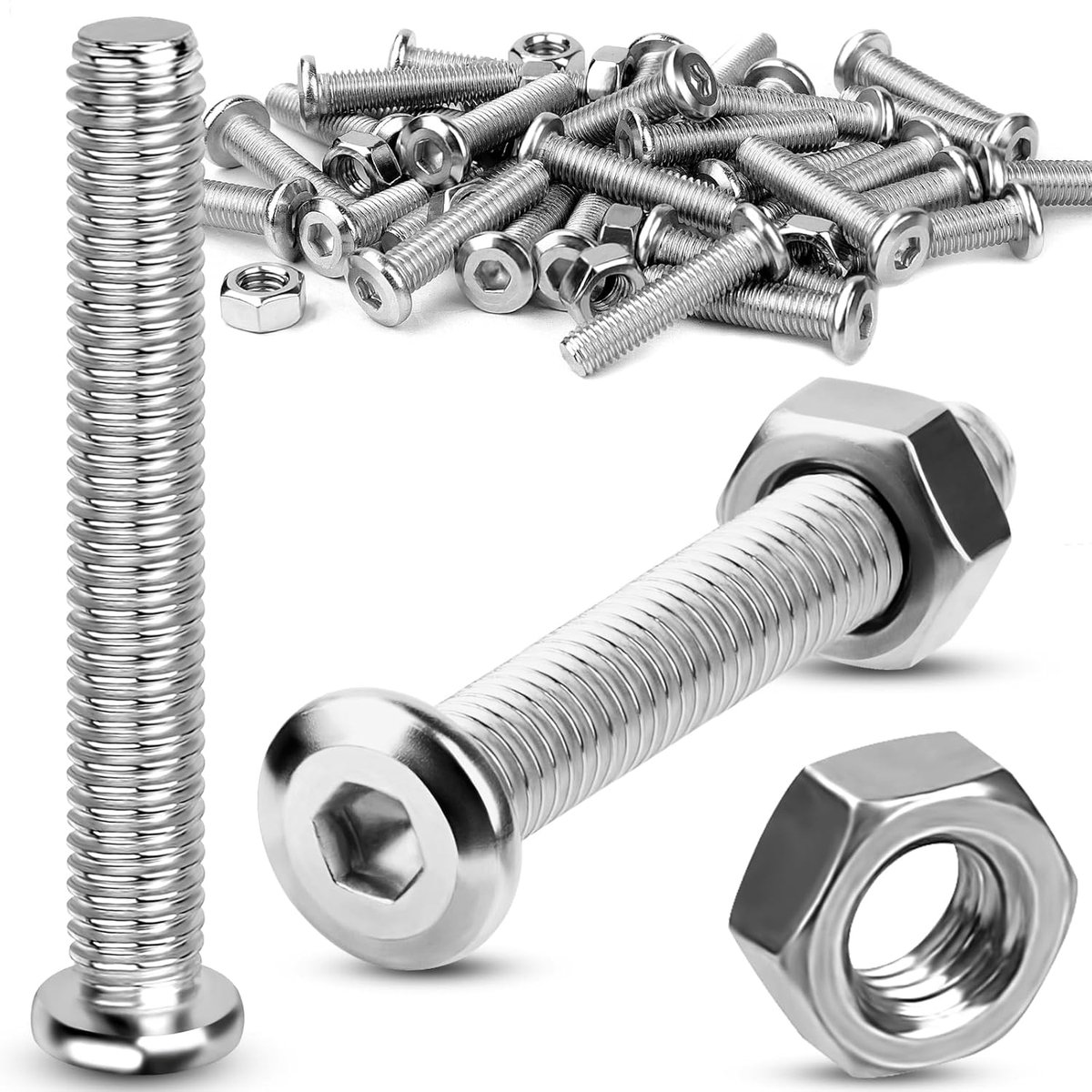 M5 x 50 mm, met moeren, set van 30 roestvrijstalen schroeven, volledige schroefdraad, platte kopschroeven, zeskantschroeven, M5, schroefdraadschroeven, binnenzeskantschroef voor
