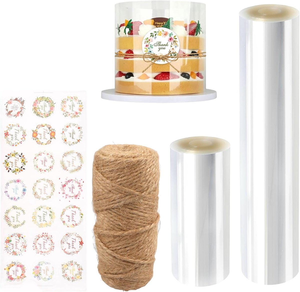 2 rollen taartrandfolieset 10 cm/20 cm x 10 m hoogte met jutegaren 50 m en bedankstickers, transparante PET-taartfolie, herbruikbare bakaccessoires voor mousse, taart, taartdecoratie