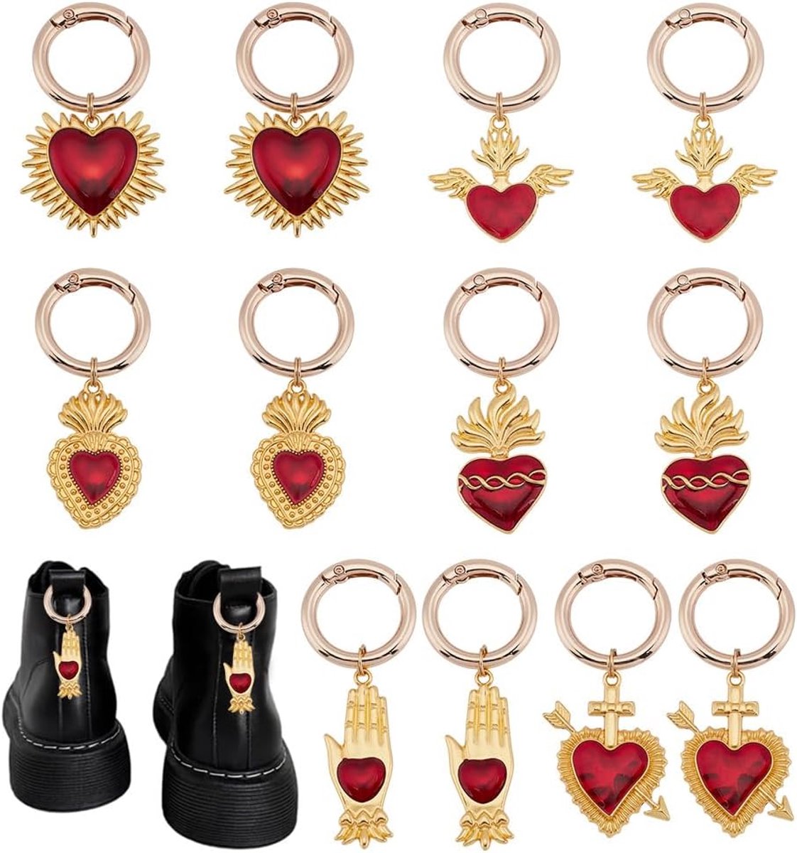12 Stuks 6 Stijlen Gothic Heilig Hart Boot Schoen Charms 55-63mm Hart Boot Charms Liefde Schoen Decoratie Legering Hart Schoen Charms met Lente Ring voor Laarzen Decoratie