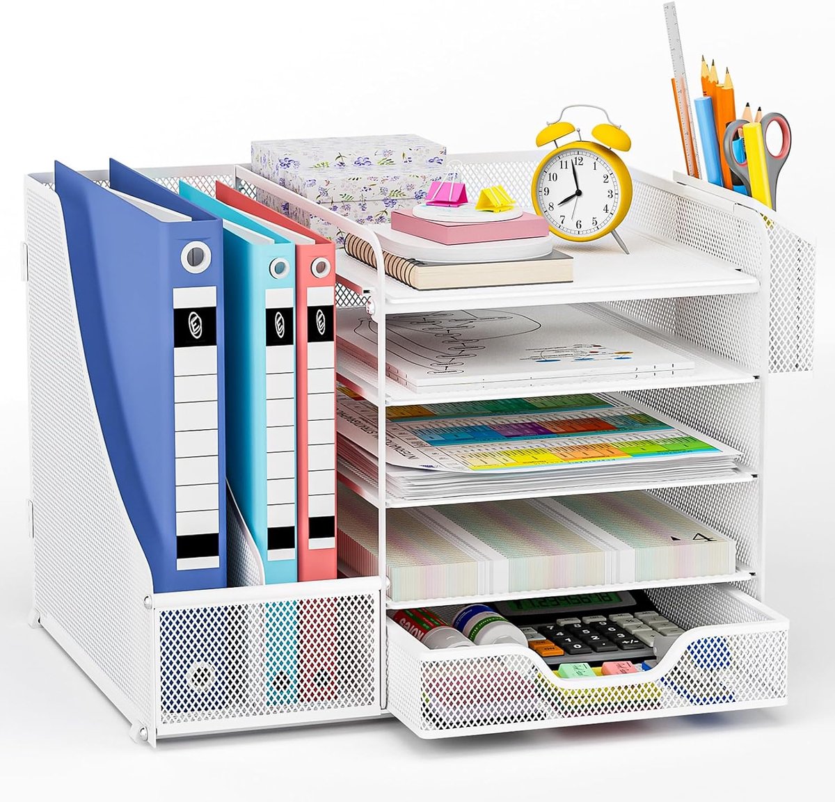 Bureau-organizer met dossierhouder, 5-traps papieren opbergvakken met lade en penhouder, multifunctionele mesh-bureau-organizer voor kantoor en thuis
