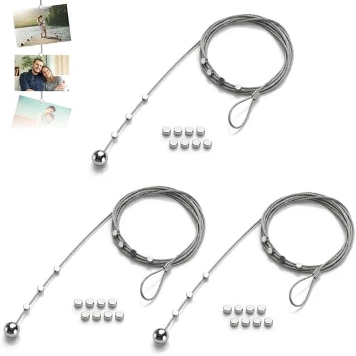 3 stuks fotokabel met 36 magneten fotolijn, 2 m x 1,5 mm fotoketting, stalen kabel, fotoketting, fotolijn, fotolijn, fototouw, fototouw voor het ophangen van foto's, ansichtkaarten