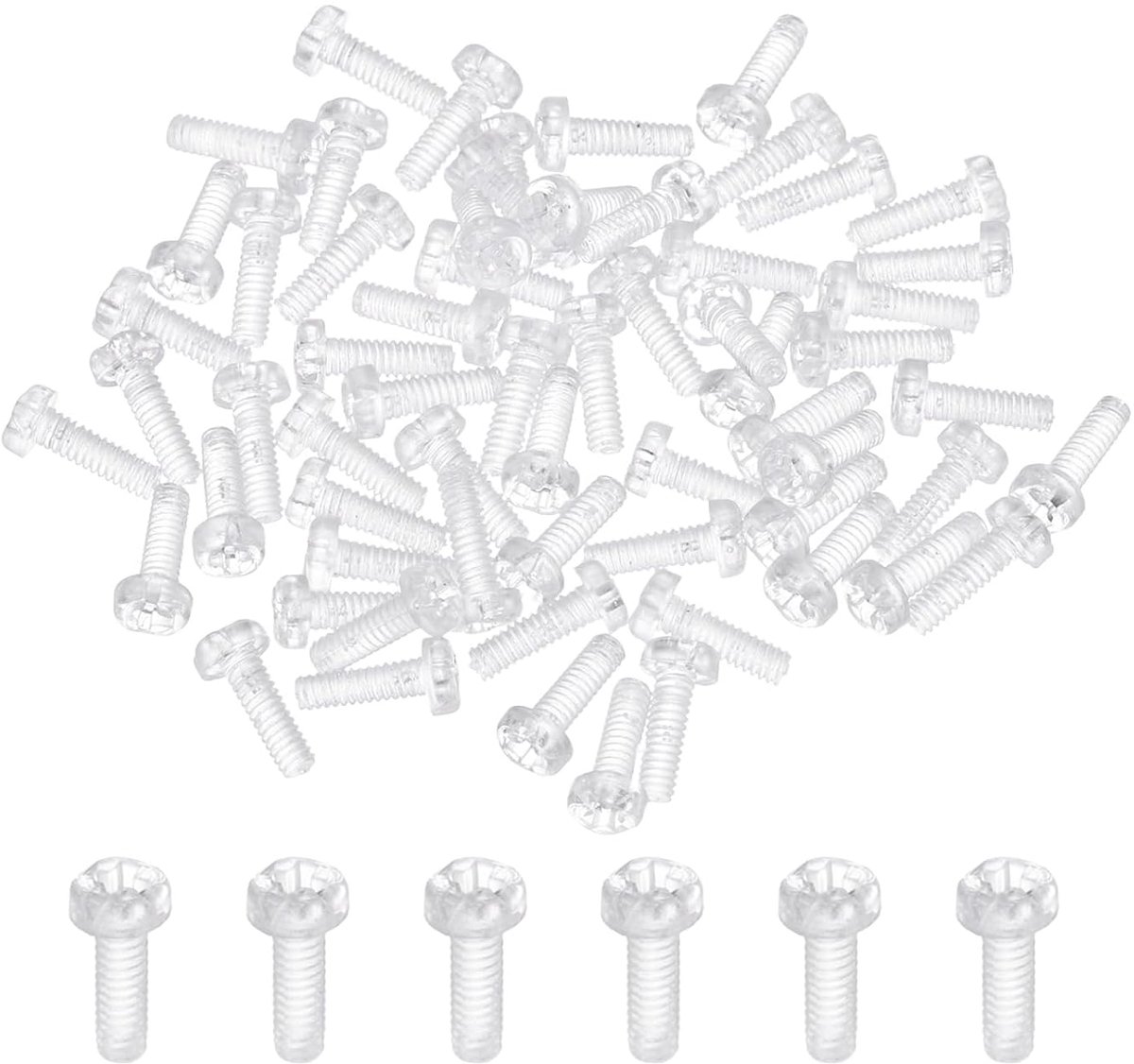 50 stuks acrylschroeven, transparant, M2 x 6 mm, ronde kopschroeven, van PC-kunststof, grove metrische schroefdraad, voor machine-accessoires, transparant