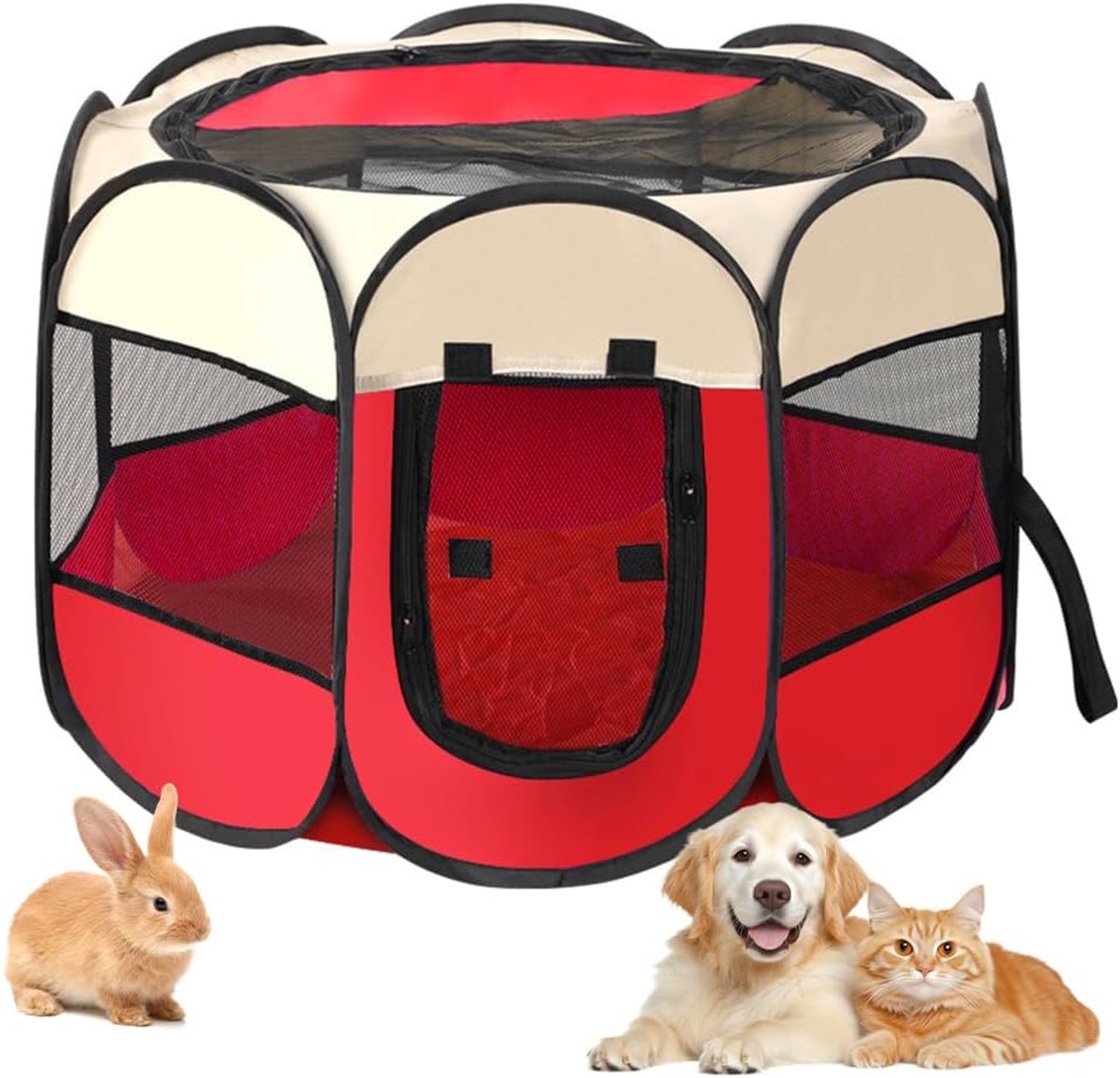 dierenbox, puppyuitloop, 74 x 74 x 43 cm, opvouwbaar, draagbare puppyuitloop, box voor honden, katten, puppy's, binnen en buiten (beige-rood)